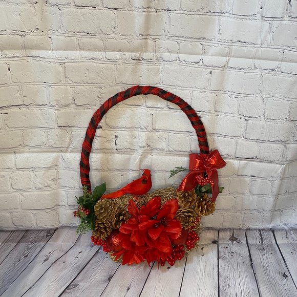 Christmas Cardinal hanging décor half basket Buffalo plaid RED BLACK - Picture 2 of 3